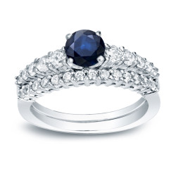 Gold 1/2ct Blue Sapphire and 1/2ct TDW Round Diamond Bridal Ring Set - Handcrafted By Name My Rings™