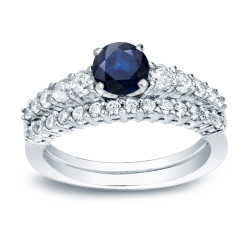 Gold 1/2ct Blue Sapphire and 1/2ct TDW Round Diamond Bridal Ring Set - Handcrafted By Name My Rings™