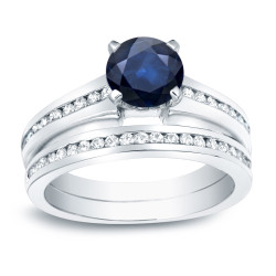 Gold 1/2ct Blue Sapphire and 1/2ct TDW Round Diamond Bridal Ring Set - Handcrafted By Name My Rings™