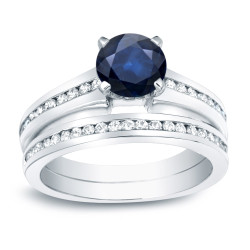 Gold 1/2ct Blue Sapphire and 1/2ct TDW Round Diamond Bridal Ring Set - Handcrafted By Name My Rings™