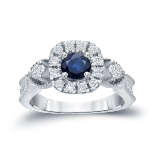 Gold 1/2ct Blue Sapphire and 1/2ct TDW Round Diamond Halo Engagement Ring - Handcrafted By Name My Rings™