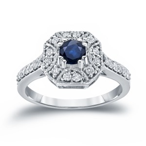 Gold 1/2ct Blue Sapphire and 1/3ct TDW Diamond Cluster Engagement Ring - Handcrafted By Name My Rings™