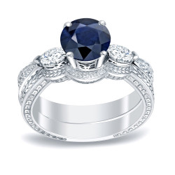 Gold 1/2ct Blue Sapphire and 1/3ct TDW Round Diamonds Engagement Ring - Handcrafted By Name My Rings™