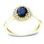 Gold 1/2ct Blue Sapphire and 1/4ct Round Diamond Halo Engagement Ring - Handcrafted By Name My Rings™