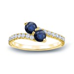 Gold 1/2ct Blue Sapphire and 1/4ct TDW Diamond 3-prong, 2-stone Engagement Ring - Handcrafted By Name My Rings™