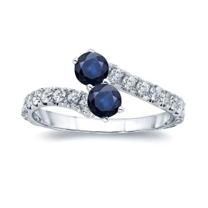 Gold 1/2ct Blue Sapphire and 1/4ct TDW Diamond 4-prong, 2-stone Engagement Ring - Handcrafted By Name My Rings™