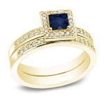 Gold 1/2ct Blue Sapphire and 1ct TDW  Halo Engagement Ring - Handcrafted By Name My Rings™