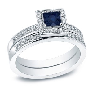 Gold 1/2ct Blue Sapphire and 1ct TDW  Halo Engagement Ring - Handcrafted By Name My Rings™