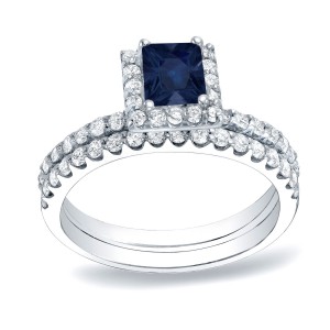 Gold 1/2ct Blue Sapphire and 3/4ct TDW Diamond Bridal Ring Set- Handcrafted By Name My Rings™