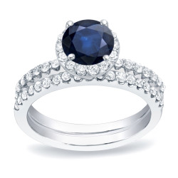Gold 1/2ct Blue Sapphire and 3/4ct TDW Round Diamond Bridal Ring Set - Handcrafted By Name My Rings™