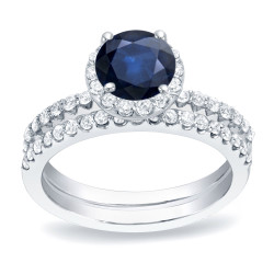 Gold 1/2ct Blue Sapphire and 3/4ct TDW Round Diamond Bridal Ring Set - Handcrafted By Name My Rings™