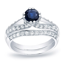 Gold 1/2ct Blue Sapphire and 3/4ct TDW Round Diamond Bridal Ring Set - Handcrafted By Name My Rings™