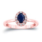 Gold 1/2ct Oval Cut Blue Sapphire and 1/10ct TDW Diamond Halo Engagement Ring - Handcrafted By Name My Rings™