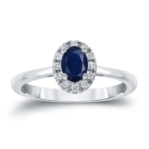 Gold 1/2ct Oval Cut Blue Sapphire and 1/10ct TDW Diamond Halo Engagement Ring - Handcrafted By Name My Rings™