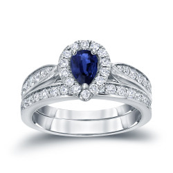 Gold 1/2ct Pear-Shaped Blue Sapphire and 1/2ct TDW Diamond Bridal Ring Set - Handcrafted By Name My Rings™