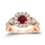 Gold 1/2ct Ruby and 1/2ct TDW Round Diamond Halo Engagement Ring - Handcrafted By Name My Rings™