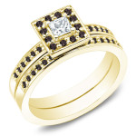 Gold 1/2ct TDW Princess Black and White Diamond Bridal Ring Set - Handcrafted By Name My Rings™
