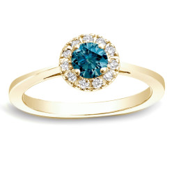Gold 1/2ct TDW Round Blue Diamond Halo Engagement Ring - Handcrafted By Name My Rings™