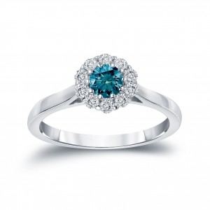 Gold 1/2ct TDW Round-cut Blue Diamond Halo Engagement Ring - Handcrafted By Name My Rings™