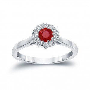 Gold 1/3ct Ruby and 1/5ct TDW Round-cut Diamond Halo Engagement Ring - Handcrafted By Name My Rings™