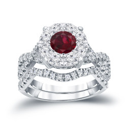 Gold 1/3ct Ruby and 7/8ct TDW Cluster Diamond Braided Bridal Ring Set - Handcrafted By Name My Rings™
