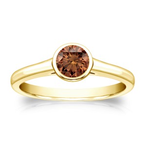 Gold 1/3ct TDW Bezel Round Cut Brown Diamond Solitaire Engagement Ring - Handcrafted By Name My Rings™