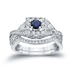 Gold 1/4ct Blue Sapphire and 1/2ct TDW Diamond Braided Bridal Ring Set - Handcrafted By Name My Rings™
