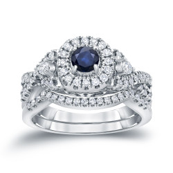 Gold 1/4ct Blue Sapphire and 1/2ct TDW Diamond Braided Bridal Ring Set - Handcrafted By Name My Rings™