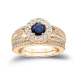 Gold 1/4ct Blue Sapphire and 1/2ct TDW Diamond Cluster Bridal Ring Set - Handcrafted By Name My Rings™
