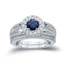Gold 1/4ct Blue Sapphire and 1/2ct TDW Diamond Cluster Bridal Ring Set - Handcrafted By Name My Rings™