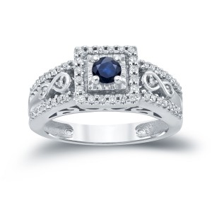 Gold 1/4ct Blue Sapphire and 1/3ct TDW Diamond Cluster Engagement Ring - Handcrafted By Name My Rings™