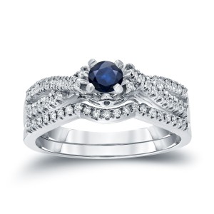 Gold 1/4ct Blue Sapphire and 1/4ct TDW Diamond Braided Bridal Ring Set - Handcrafted By Name My Rings™