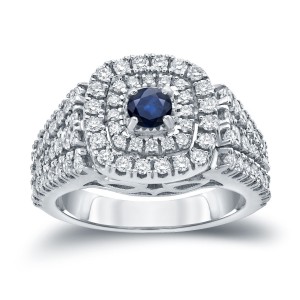 Gold 1/4ct Blue Sapphire and 1ct TDW Diamond Cluster Engagement Ring - Handcrafted By Name My Rings™