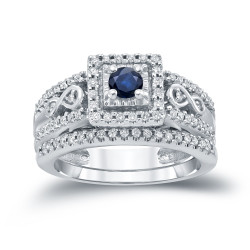 Gold 1/4ct Blue Sapphire and 2/5ct TDW Diamond Cluster Bridal Ring Set - Handcrafted By Name My Rings™