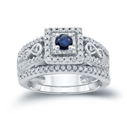 Gold 1/4ct Blue Sapphire and 2/5ct TDW Diamond Cluster Bridal Ring Set - Handcrafted By Name My Rings™