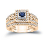 Gold 1/4ct Blue Sapphire and 2/5ct TDW Diamond Cluster Bridal Ring Set - Handcrafted By Name My Rings™