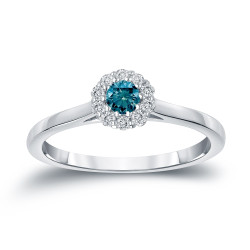 Gold 1/4ct TDW Round-cut Blue Diamond Halo Engagement Ring - Handcrafted By Name My Rings™