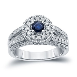 Gold 1/5ct Blue Sapphire and 1/2ct TDW Round Diamond Halo Engagement Ring - Handcrafted By Name My Rings™