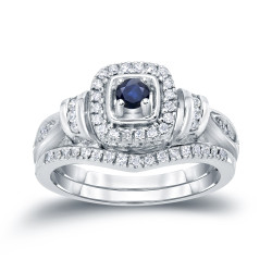 Gold 1/5ct Blue Sapphire and 1/3ct TDW Diamond Bridal Ring Set - Handcrafted By Name My Rings™