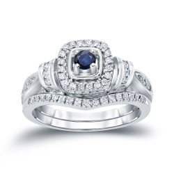 Gold 1/5ct Blue Sapphire and 1/3ct TDW Diamond Bridal Ring Set - Handcrafted By Name My Rings™