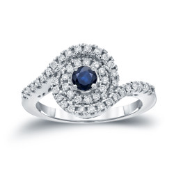 Gold 1/5ct Blue Sapphire and 3/5ct TDW Round Diamond Halo Engagement Ring - Handcrafted By Name My Rings™