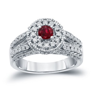 Gold 1/5ct Ruby and 1/2ct TDW Round Diamond Halo Engagement Ring - Handcrafted By Name My Rings™