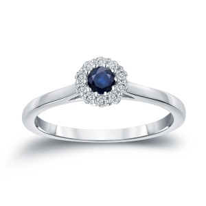 Gold 1/6ct Blue Sapphire and 1/6ct TDW Diamond Halo Engagement Ring - Handcrafted By Name My Rings™