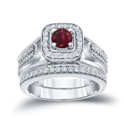 Gold 1/6ct Ruby and 1/2ct TDW Diamond Bridal Ring Set - Handcrafted By Name My Rings™