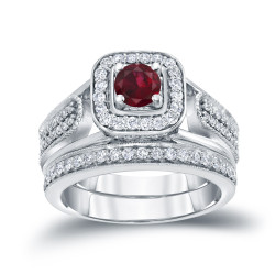 Gold 1/6ct Ruby and 1/2ct TDW Diamond Bridal Ring Set - Handcrafted By Name My Rings™