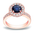 Gold 1ct  Blue Sapphire and 3/4ct TDW Round Diamond Halo Engagement Ring - Handcrafted By Name My Rings™