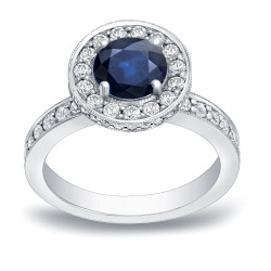 Gold 1ct  Blue Sapphire and 3/4ct TDW Round Diamond Halo Engagement Ring - Handcrafted By Name My Rings™