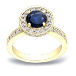Gold 1ct  Blue Sapphire and 3/4ct TDW Round Diamond Halo Engagement Ring - Handcrafted By Name My Rings™