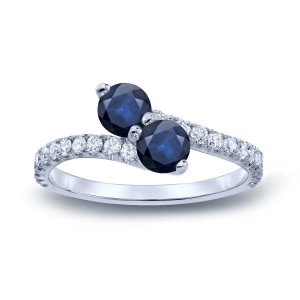 Gold 1ct Blue Sapphire and 1/2ct TDW Diamond 3-prong, 2-stone Engagement Ring - Handcrafted By Name My Rings™
