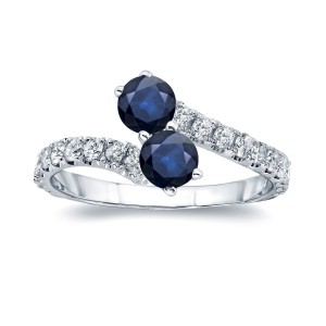 Gold 1ct Blue Sapphire and 1/2ct TDW Diamond 4-prong, 2-stone Engagement Ring - Handcrafted By Name My Rings™